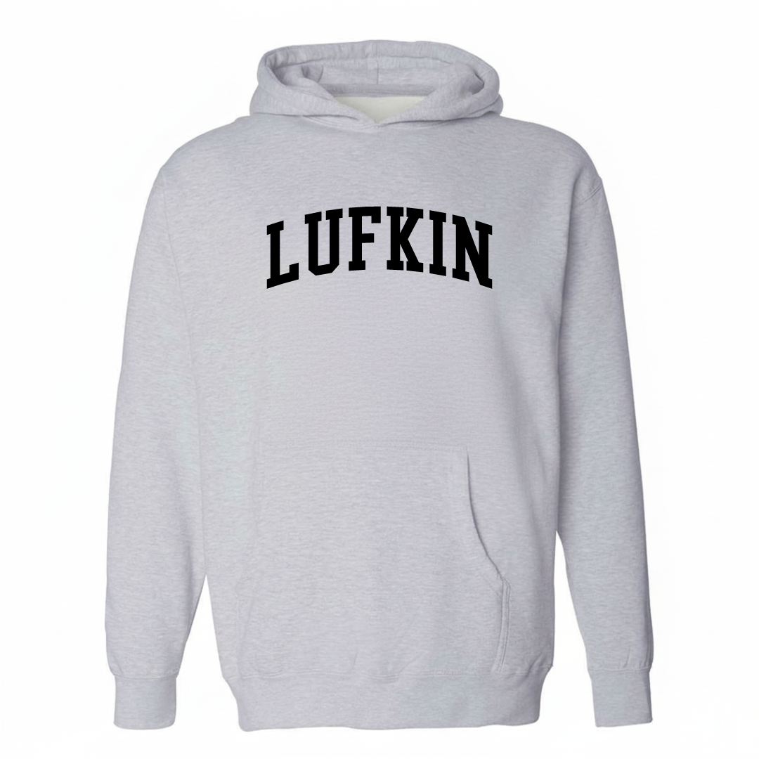 Heather-gray hoodie with the Lufkin arched lettering varsity design on the chest.