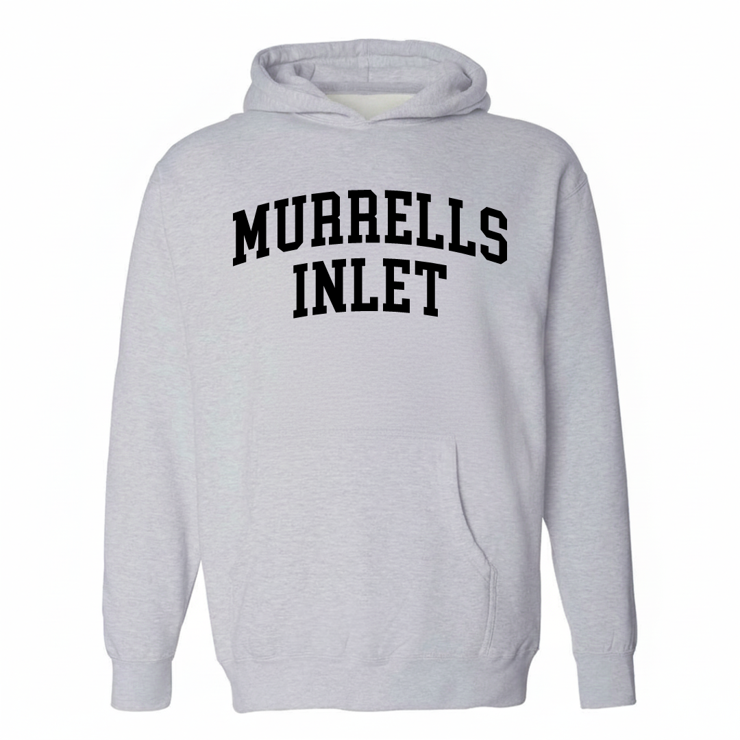 Heather-gray hoodie with the Murrells Inlet varsity arched lettering design on the chest.