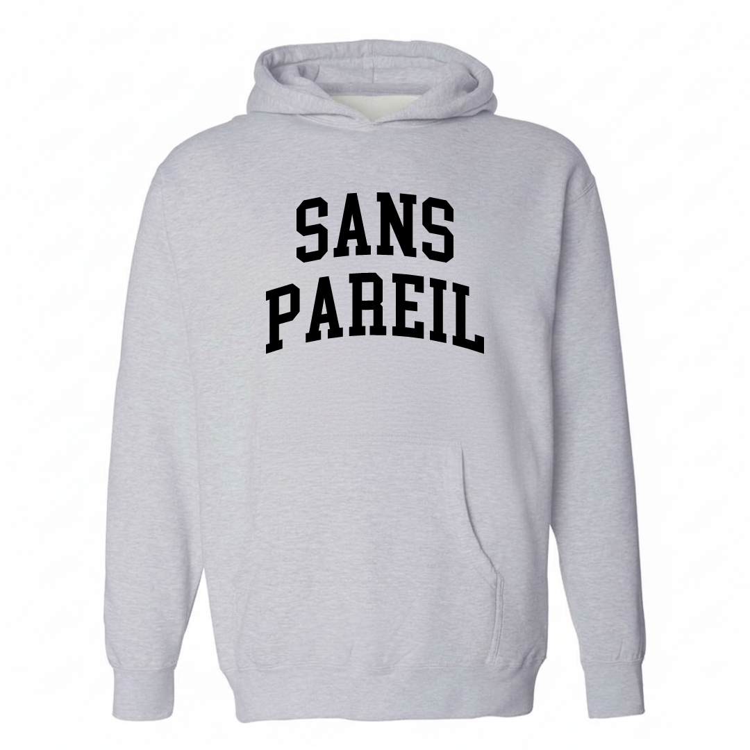 Heather-gray hoodie with the Sans Pareil varsity arched lettering design on the chest.