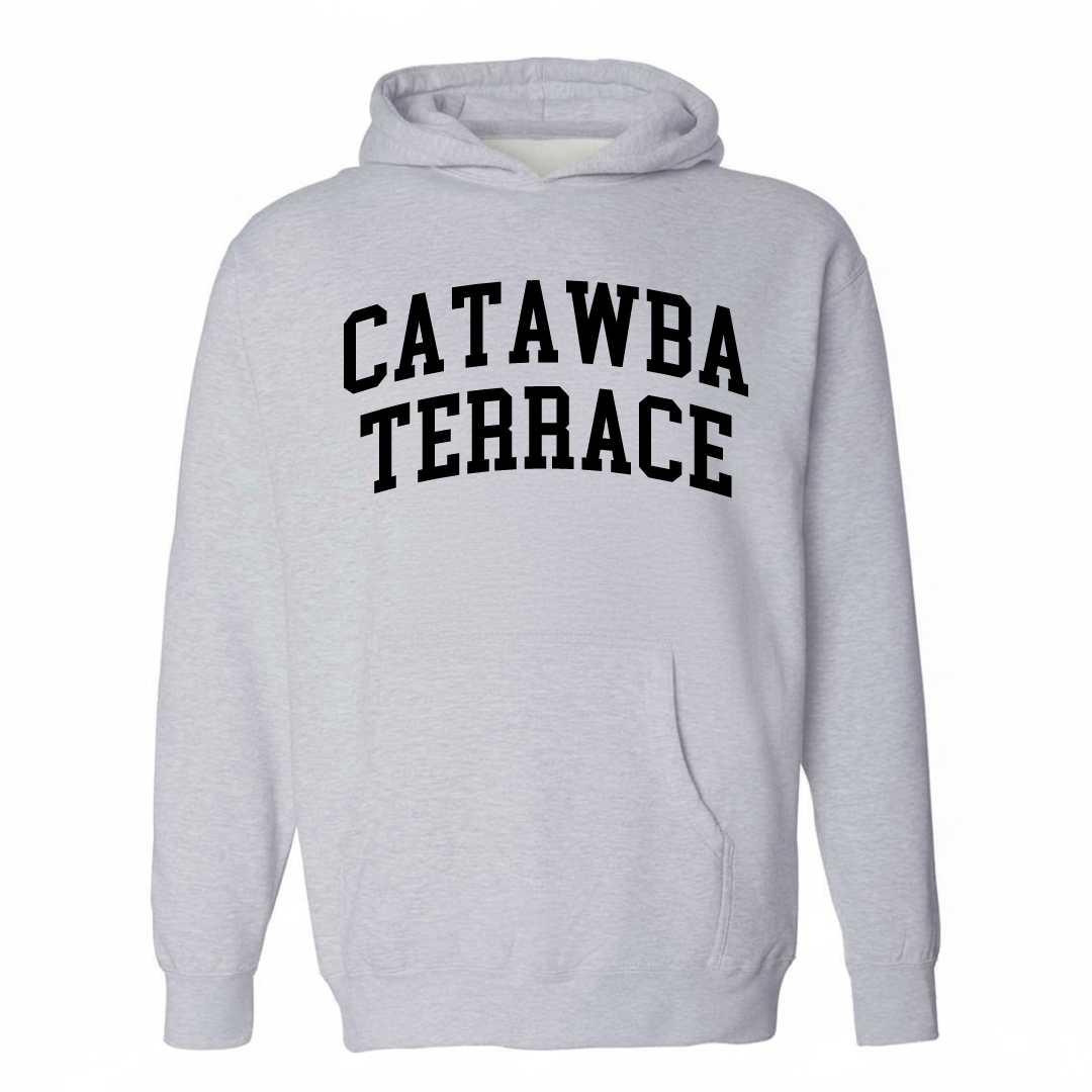 Heather-gray hoodie with the Catawba Terrace varsity arched lettering design on the chest.
