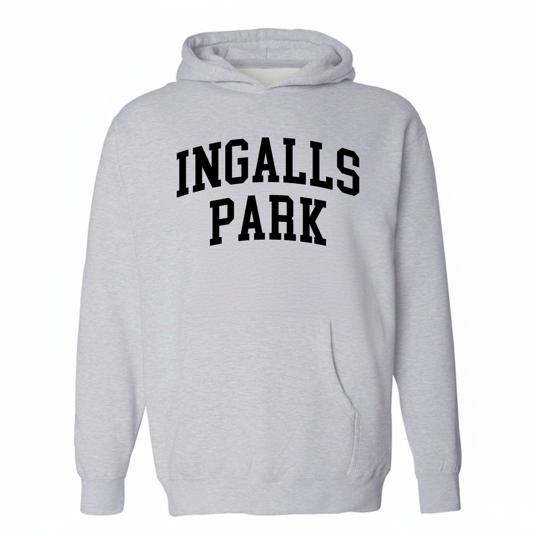 Heather-gray hoodie with the Ingalls Park varsity arched lettering design on the chest.