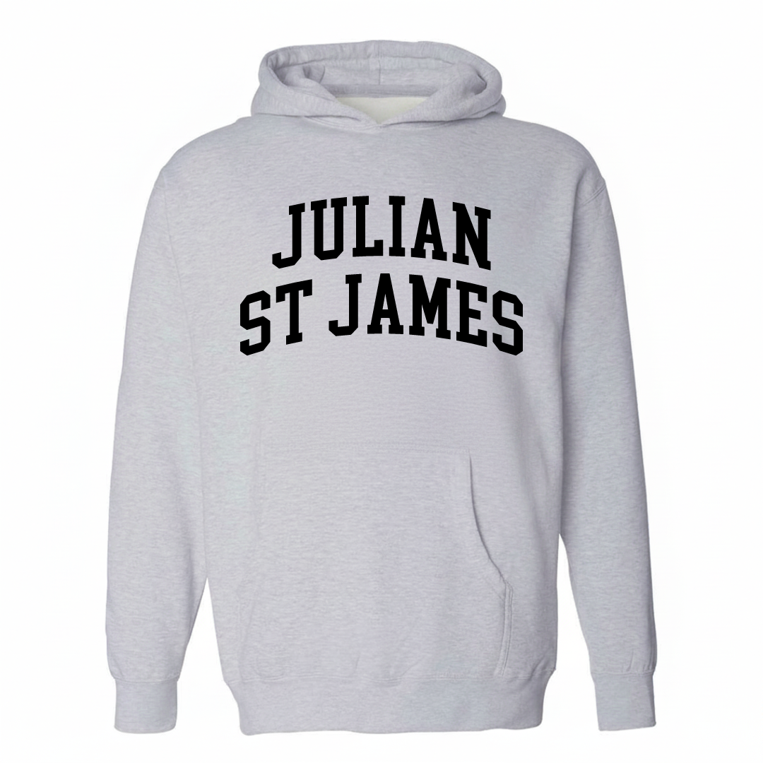 Heather-gray hoodie with the Julian St James varsity arched lettering design on the chest.