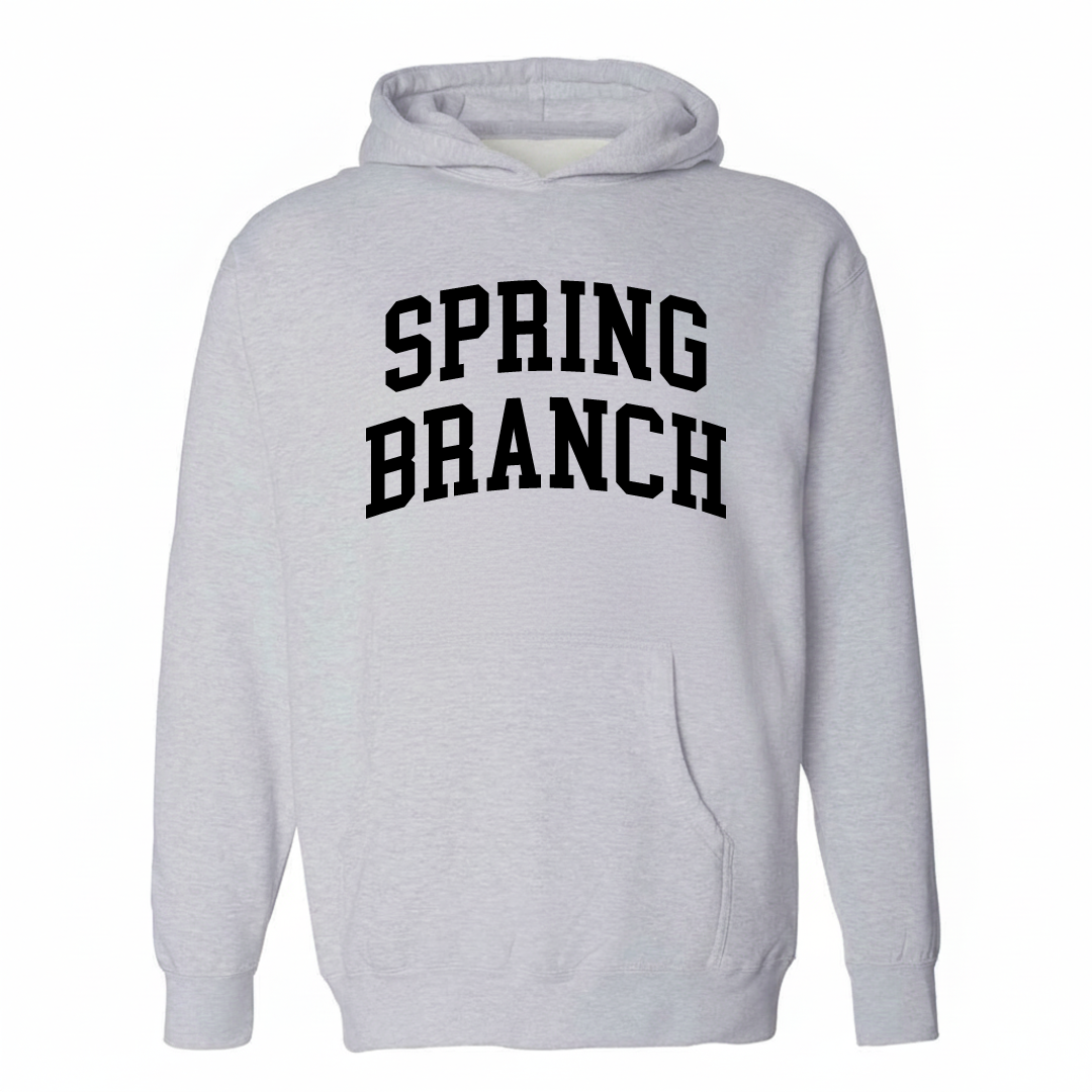 Heather-gray hoodie with the Spring Branch varsity arched lettering design on the chest.