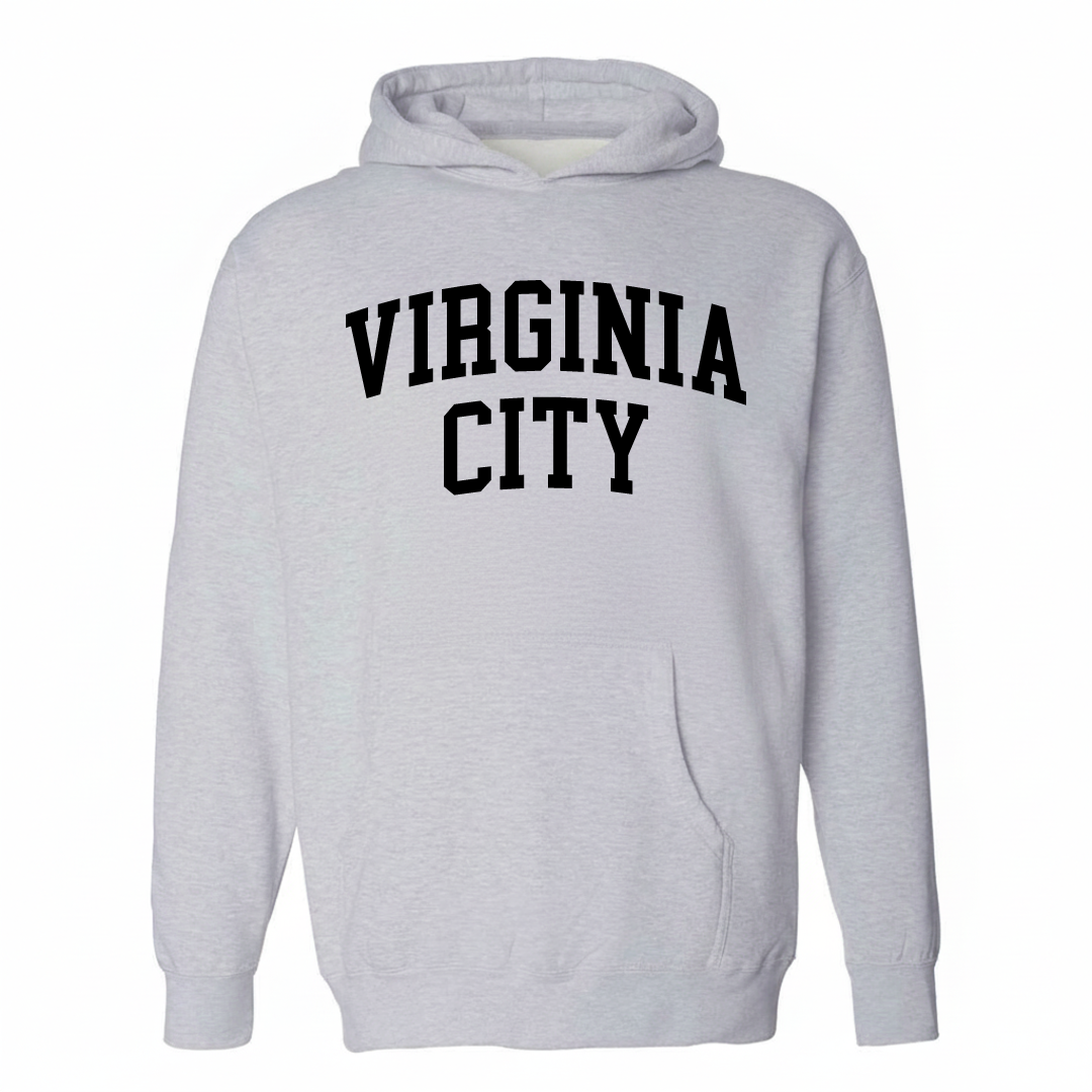 Heather-gray hoodie with the Virginia City varsity arched lettering design on the chest.