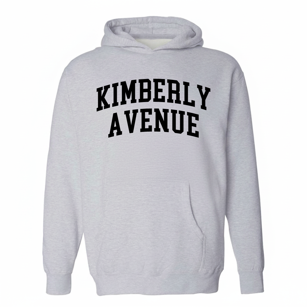 Heather-gray hoodie with the Kimberly Avenue varsity arched lettering design on the chest.