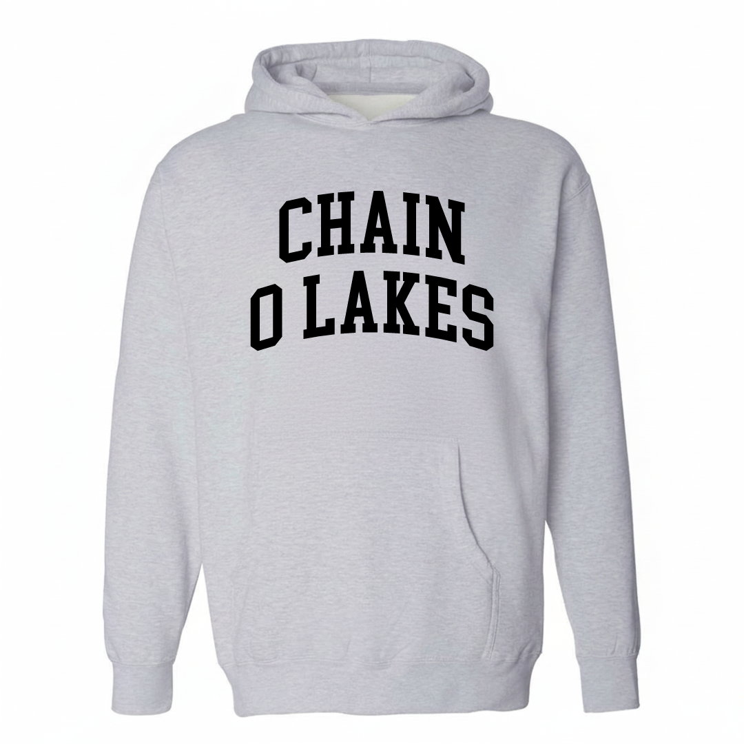 Heather-gray hoodie with the Chain O'Lakes varsity arched lettering design on the chest.