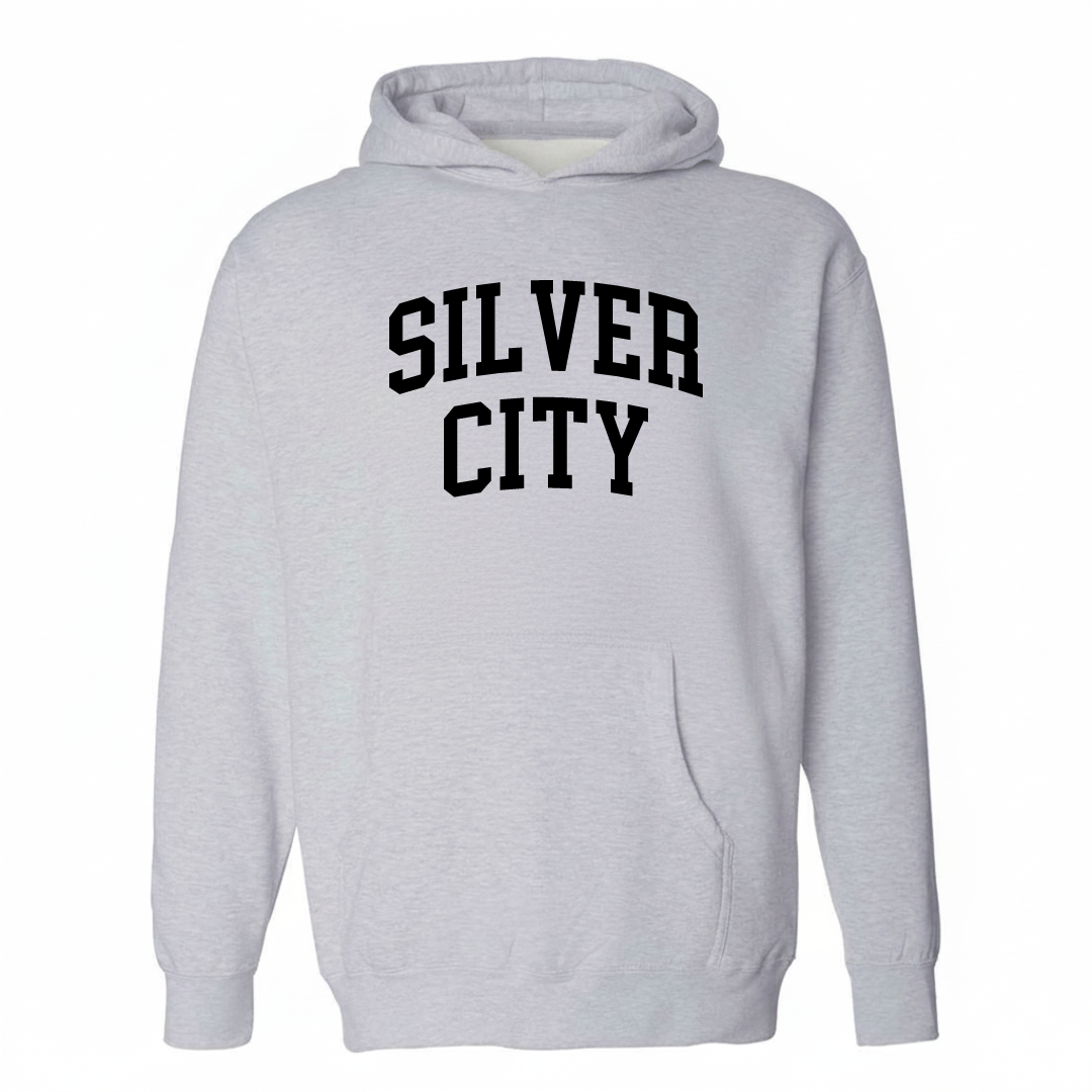 Heather-gray hoodie with the Silver City varsity arched lettering design on the chest.
