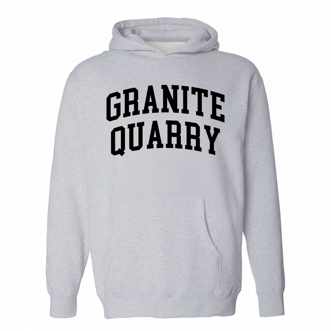 Heather-gray hoodie with the Granite Quarry arched varsity lettering design on the chest.