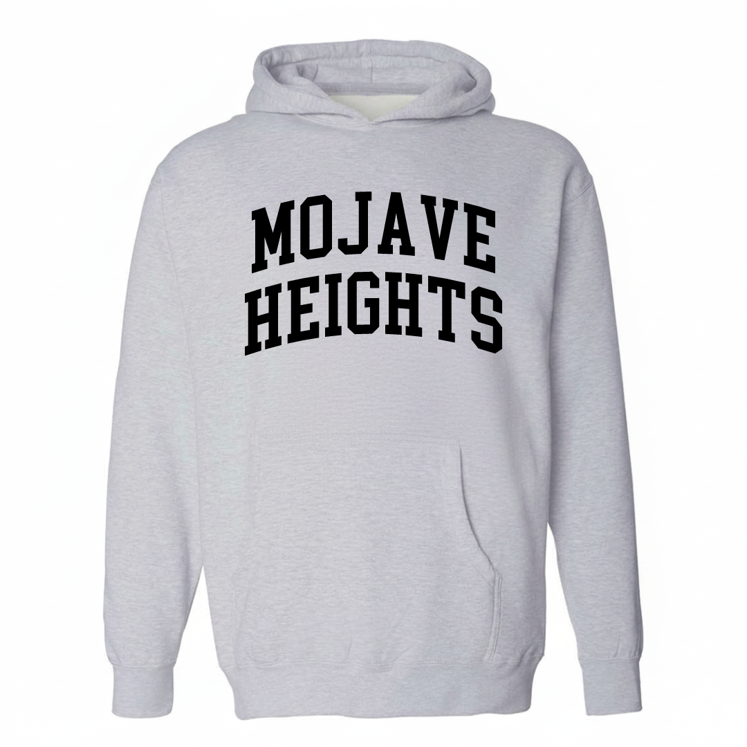 Heather-gray hoodie with the Mojave Heights varsity arched lettering design on the chest.