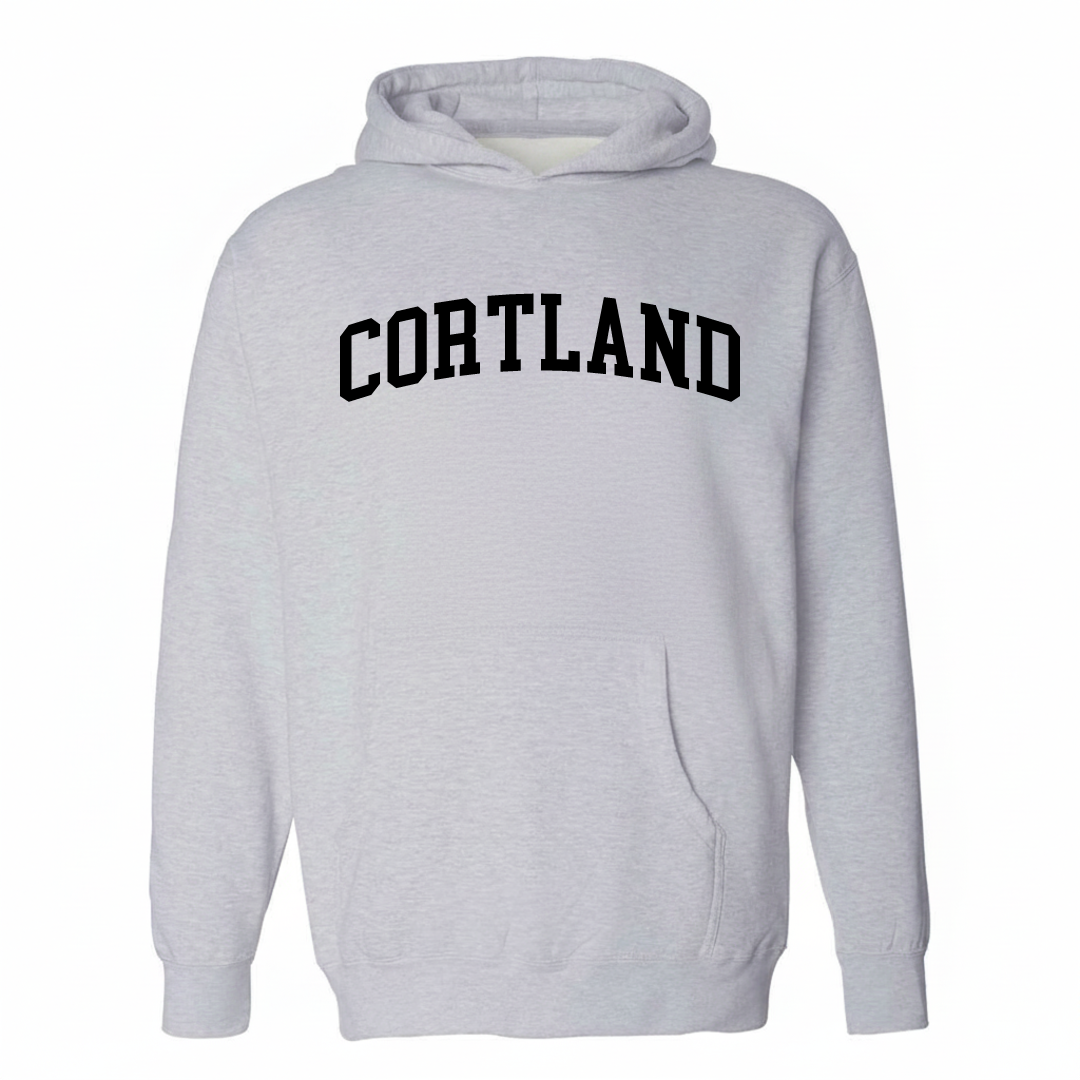 Heather-gray hoodie with the Cortland arched varsity lettering design on the chest.