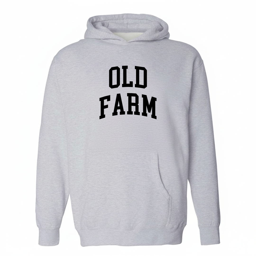 Heather-gray hoodie with the Old Farm arched lettering varsity-collegiate design on the chest.