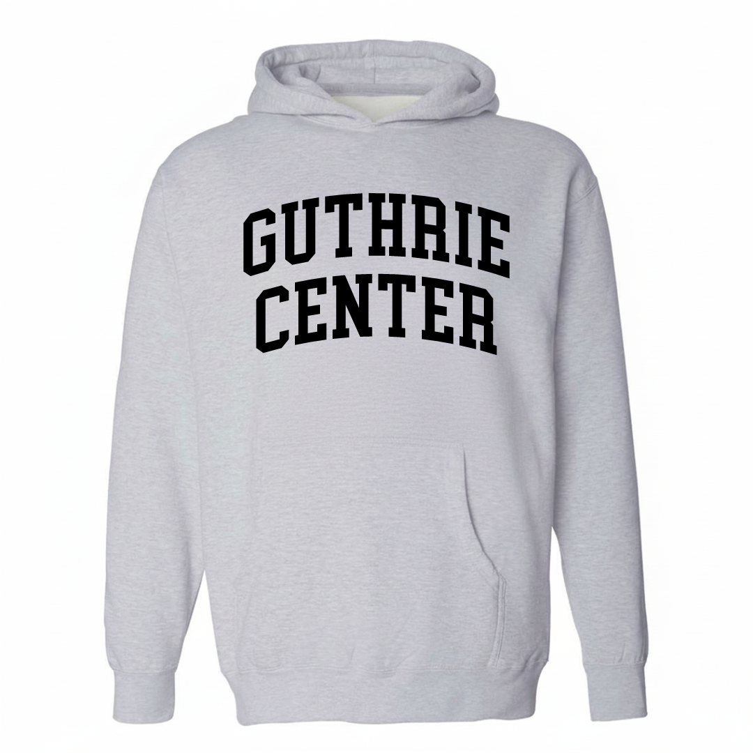 Heather-gray hoodie with the Guthrie Center varsity arched lettering design on the chest.