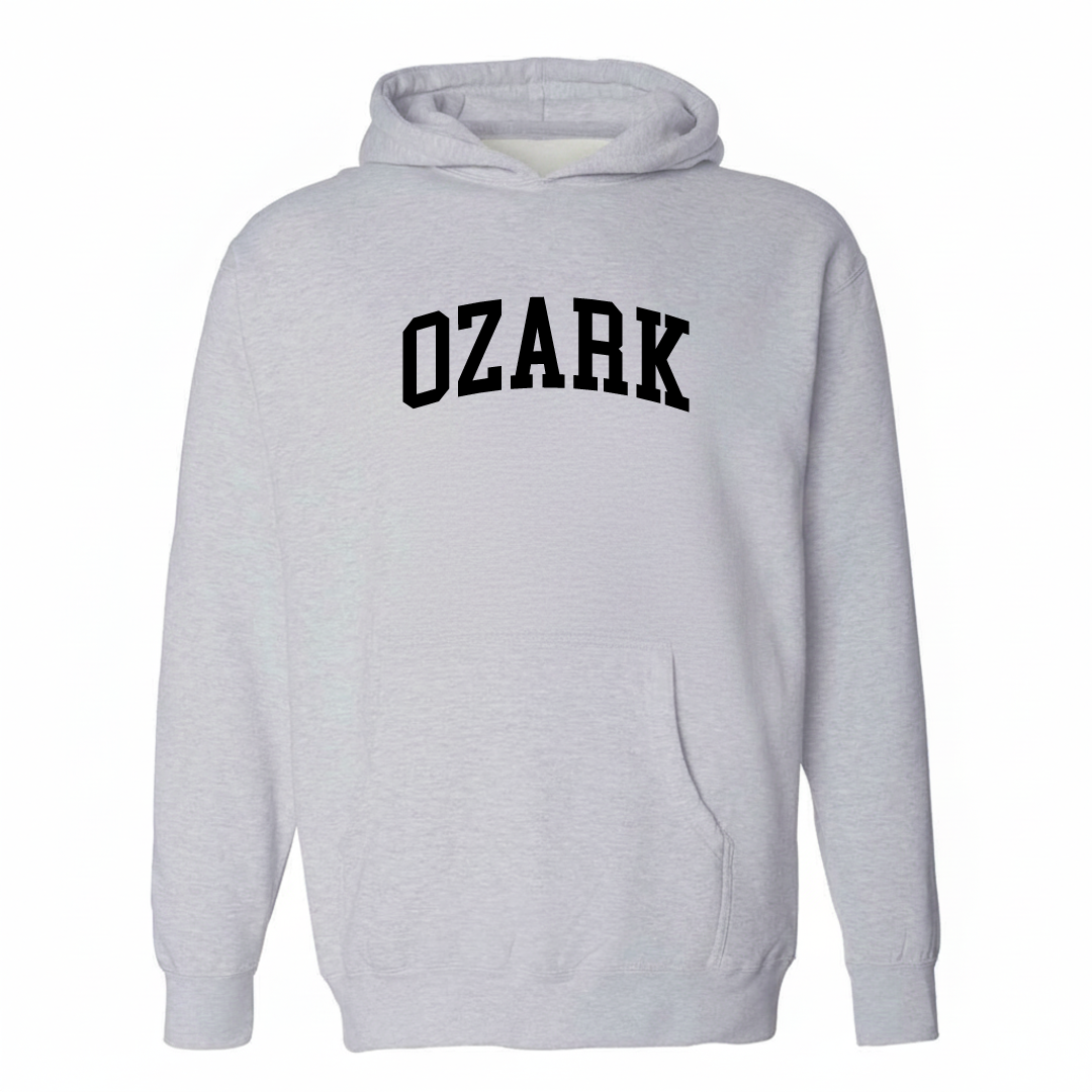 Heather-gray hoodie with the Ozark varsity arched lettering design on the chest.