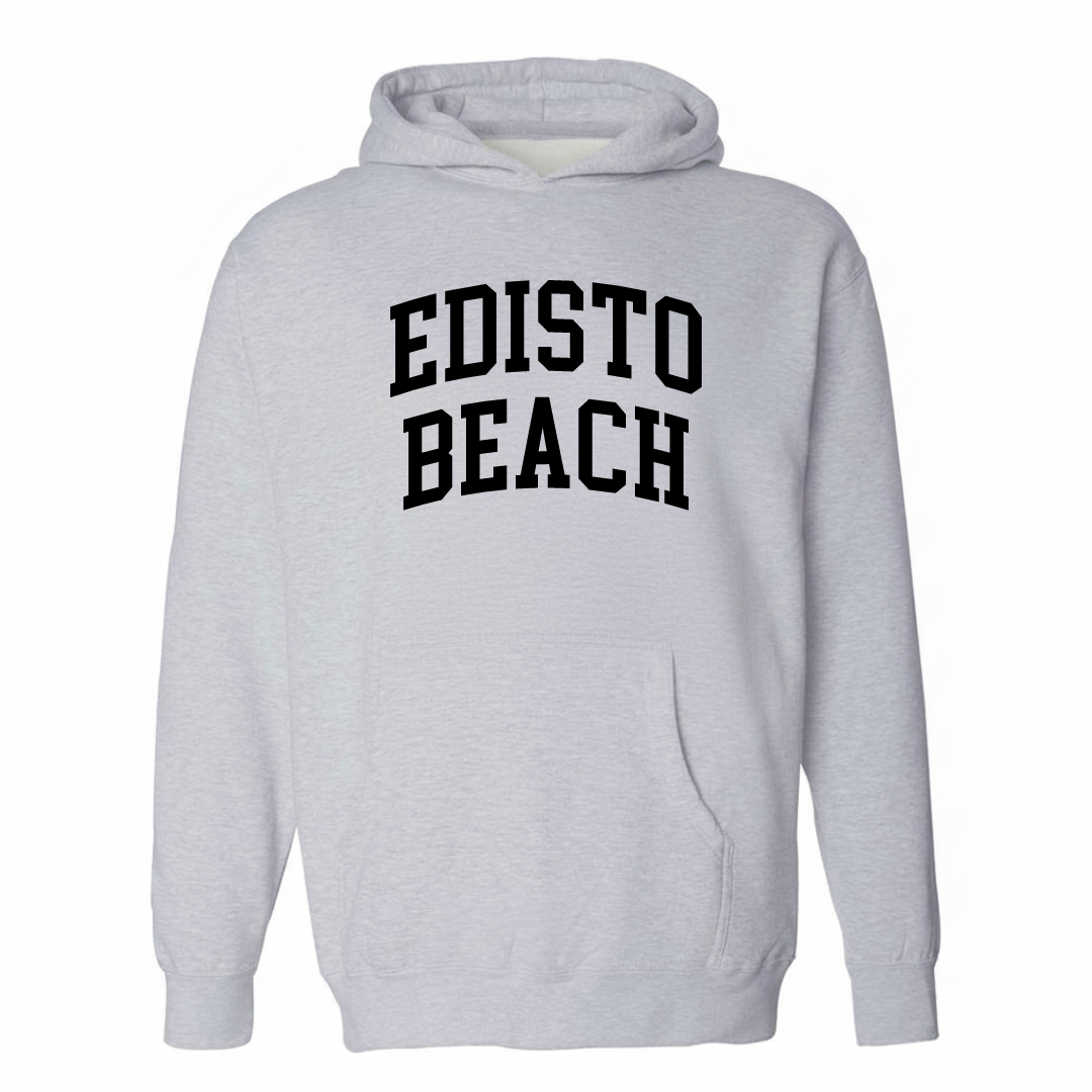 Heather-gray hoodie with the Edisto Beach arched lettering design on the chest.