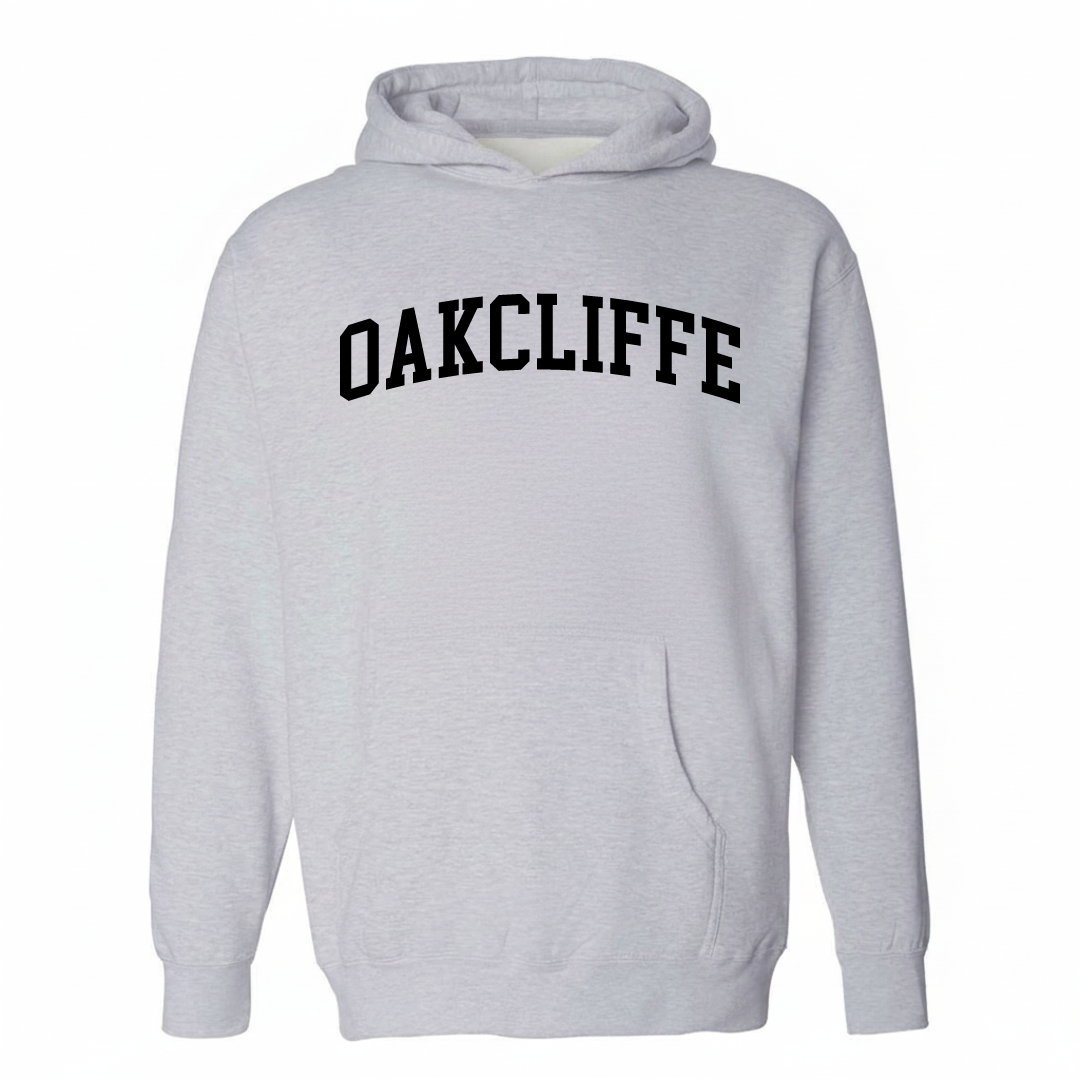 Heather-gray hoodie with the Oakcliffe varsity arched lettering design on the chest.