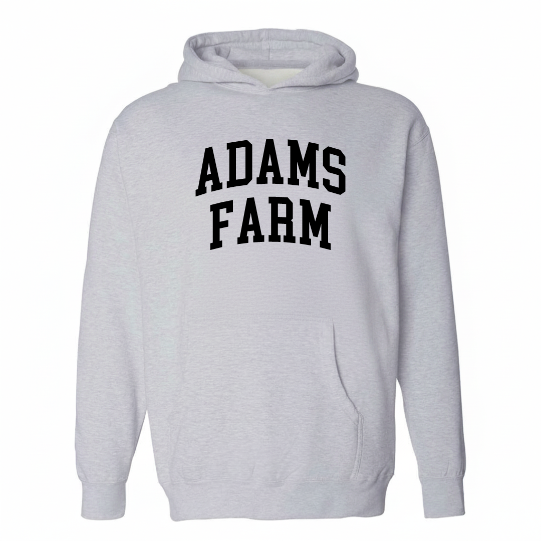Heather-gray hoodie with the Adams Farm varsity arched lettering design on the chest.