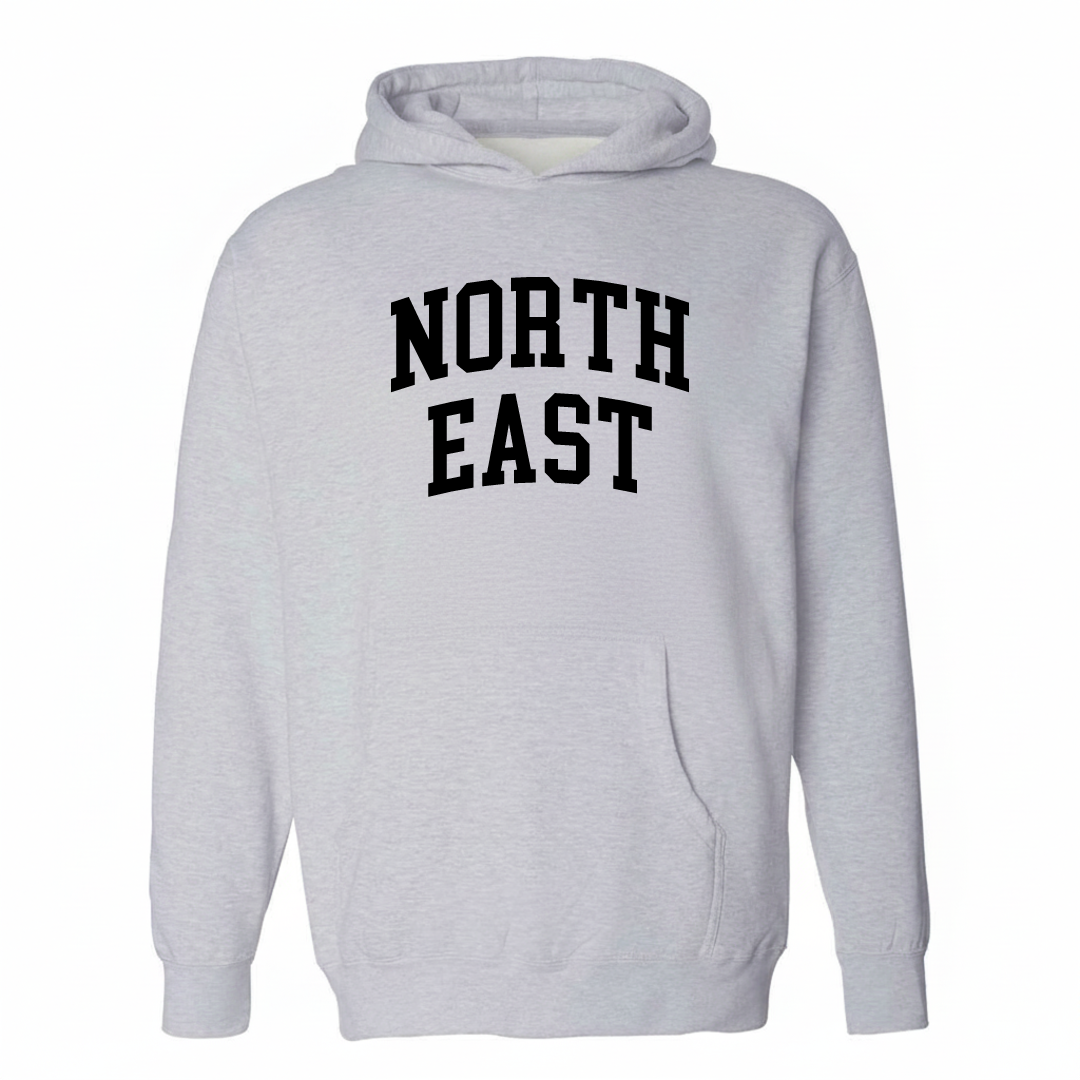 Heather-gray hoodie with the North East PA varsity arched lettering design on the chest.