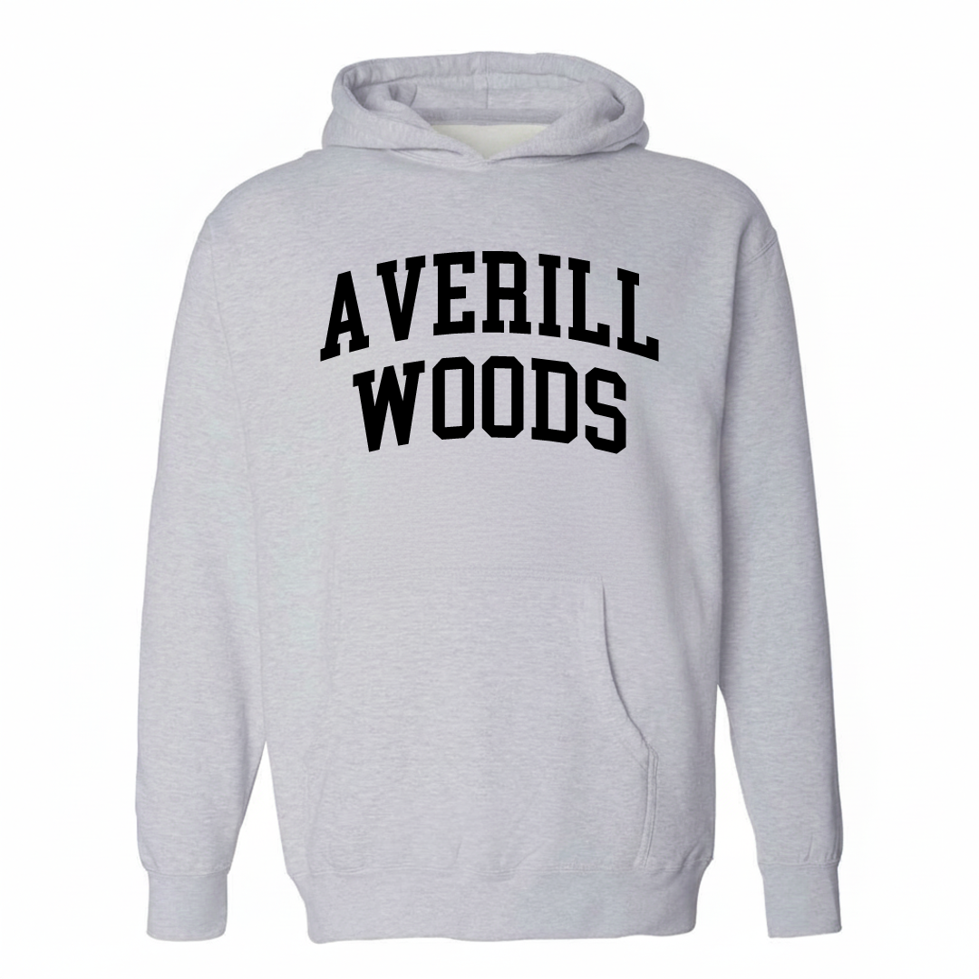 Heather-gray hoodie with the Averill Woods varsity arched lettering design on the chest.