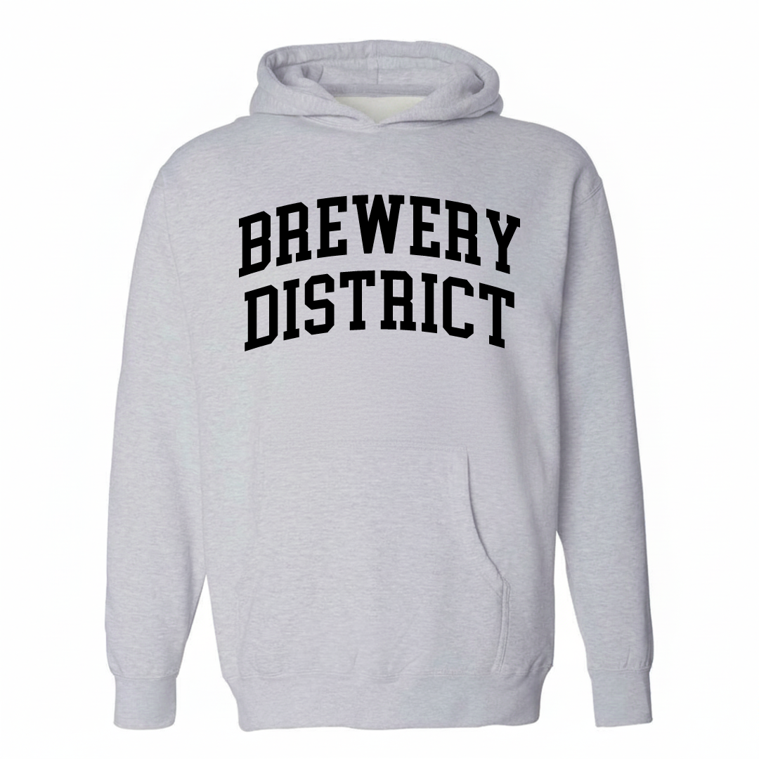 Heather-gray hoodie with the Brewery District varsity arched lettering design on the chest.