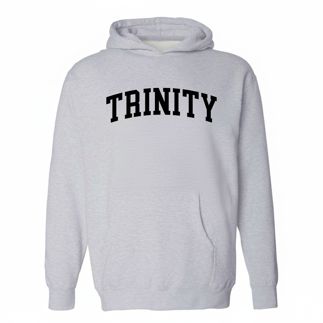 Heather-gray hoodie with the Trinity arched varsity lettering design on the chest.