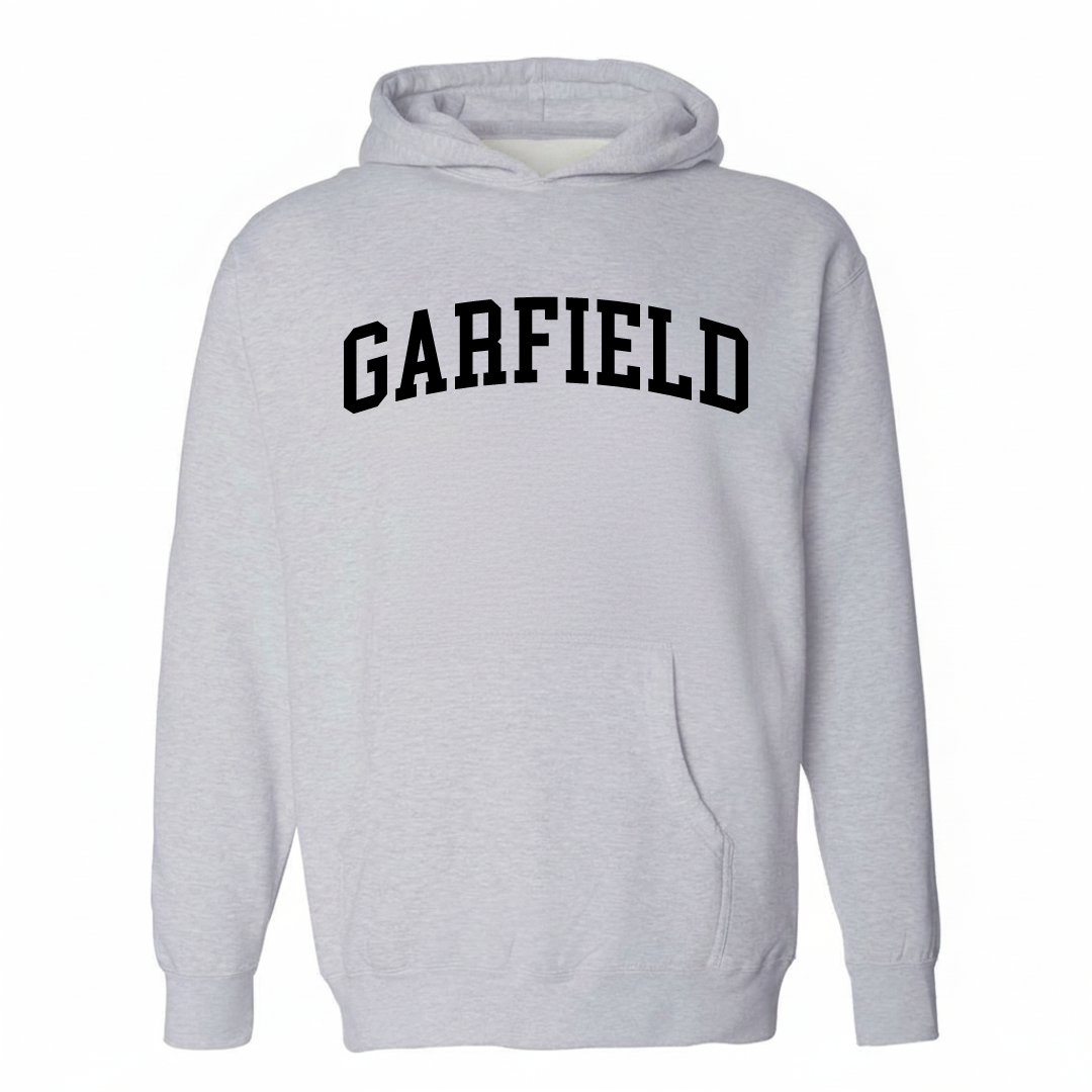 Heather-gray hoodie with the Garfield varsity arched lettering design on the chest.
