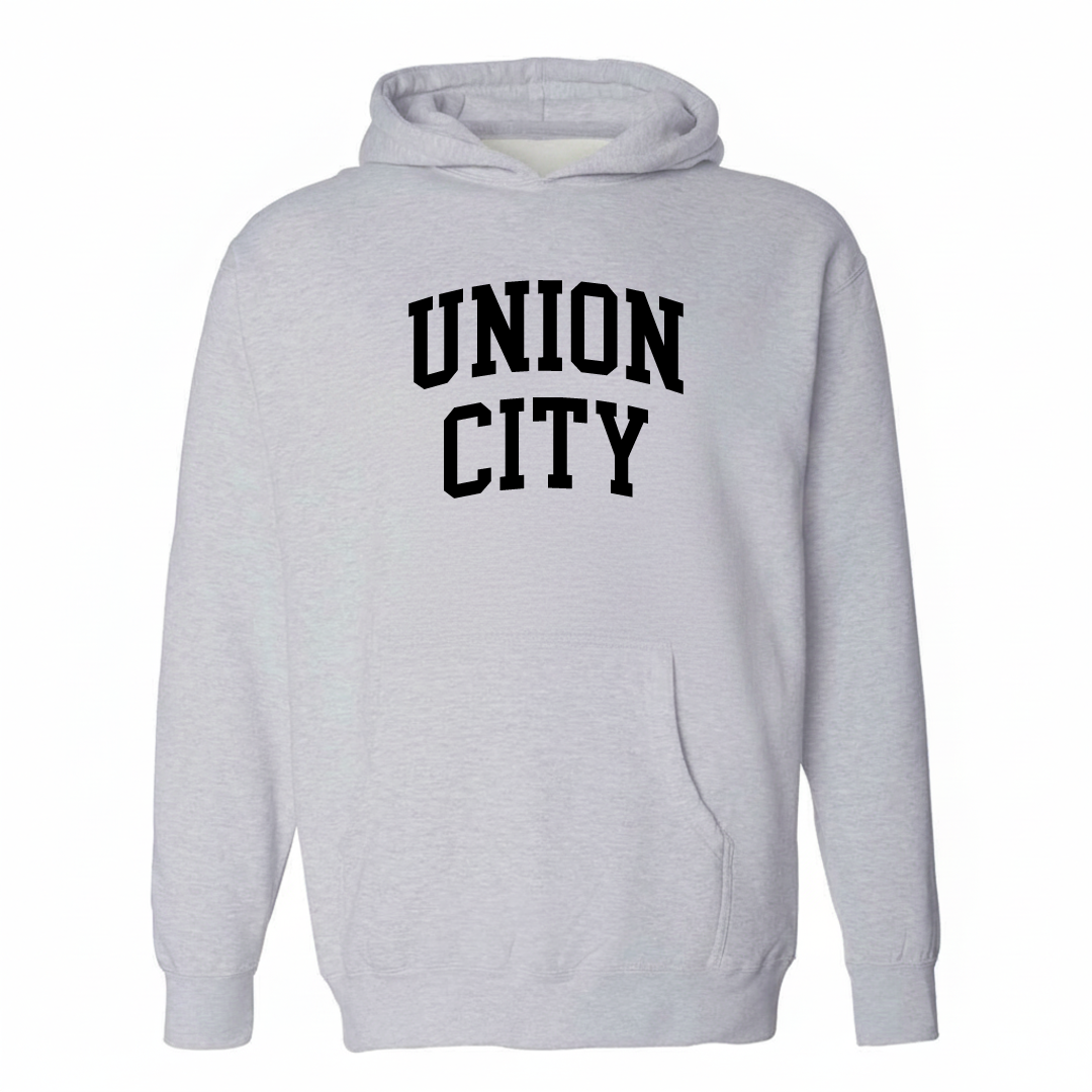 Heather-gray hoodie with the Union City arched varsity lettering design on the chest.