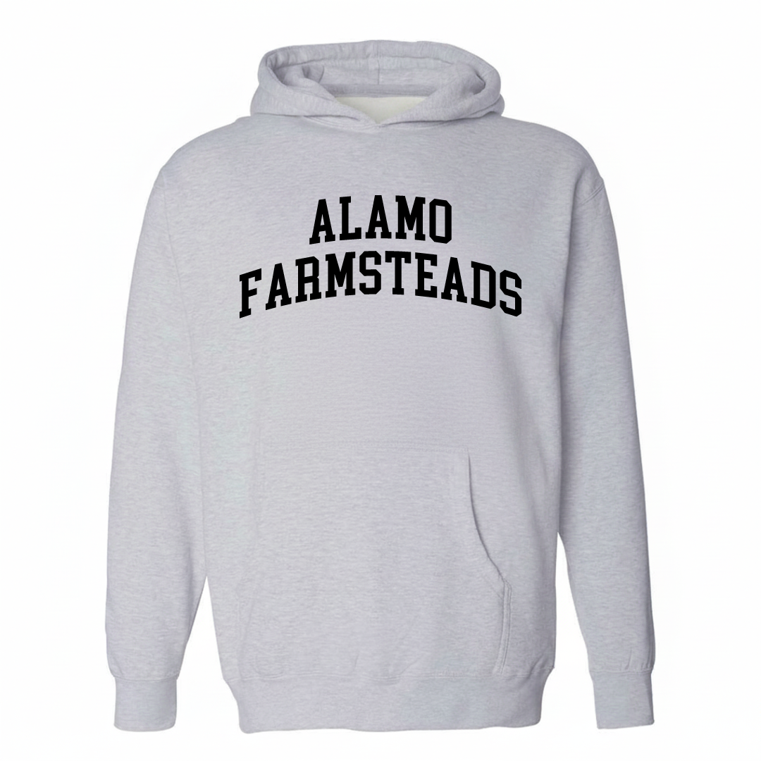 Heather-gray hoodie with the Alamo Farmsteads varsity arched lettering design on the chest.
