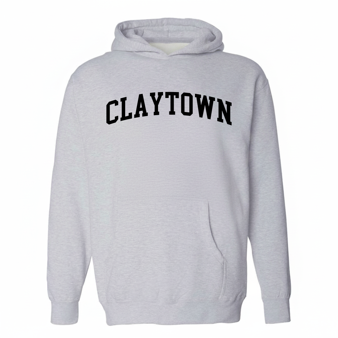 Heather-gray hoodie with the Claytown varsity arched lettering design on the chest.