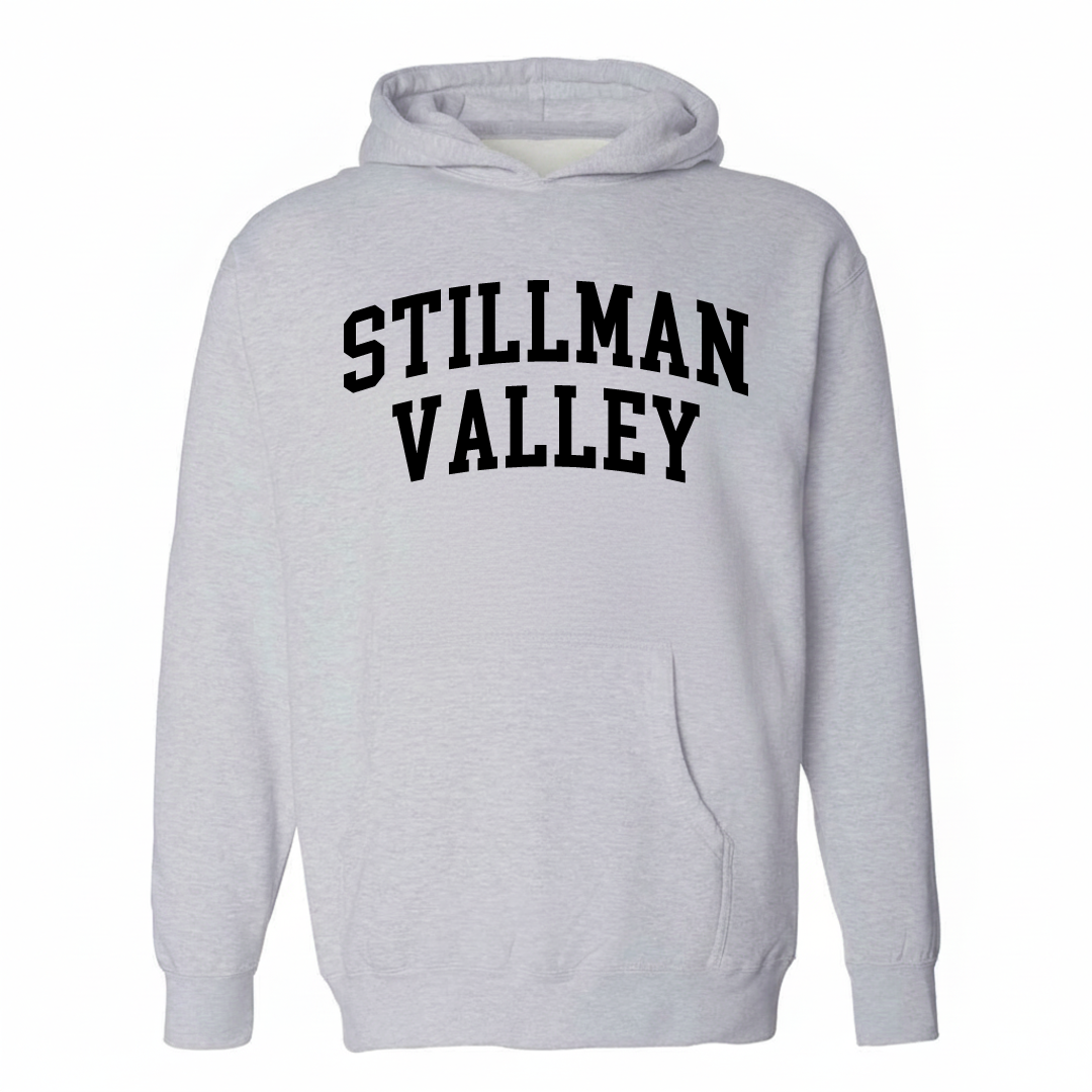 Heather-gray hoodie with the Stillman Valley varsity arched lettering design on the chest.