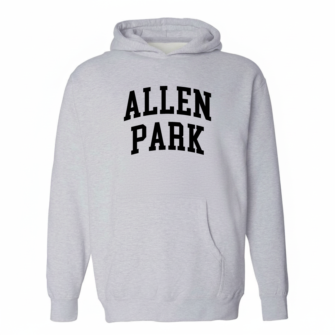Heather-gray hoodie with the Allen Park varsity arched lettering design on the chest.
