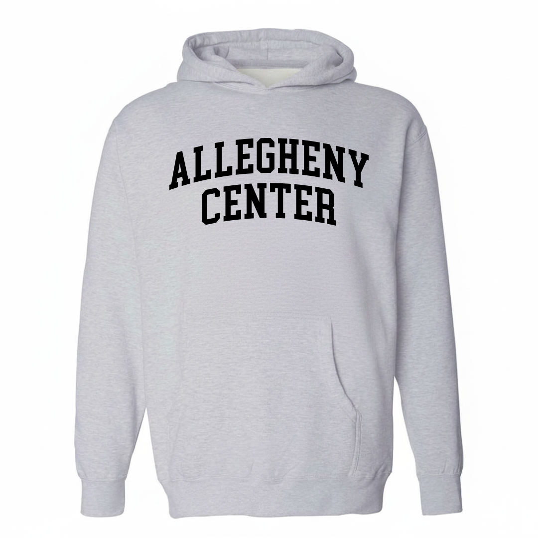 Heather-gray hoodie with the Allegheny Center varsity arched lettering design on the chest.