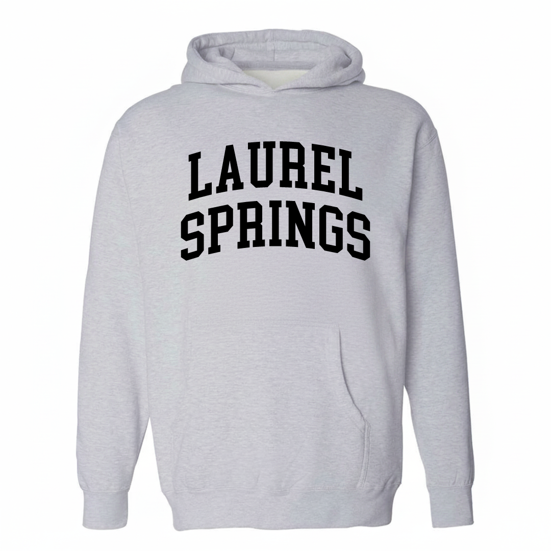 Heather-gray hoodie with the Laurel Springs varsity arched lettering design on the chest.