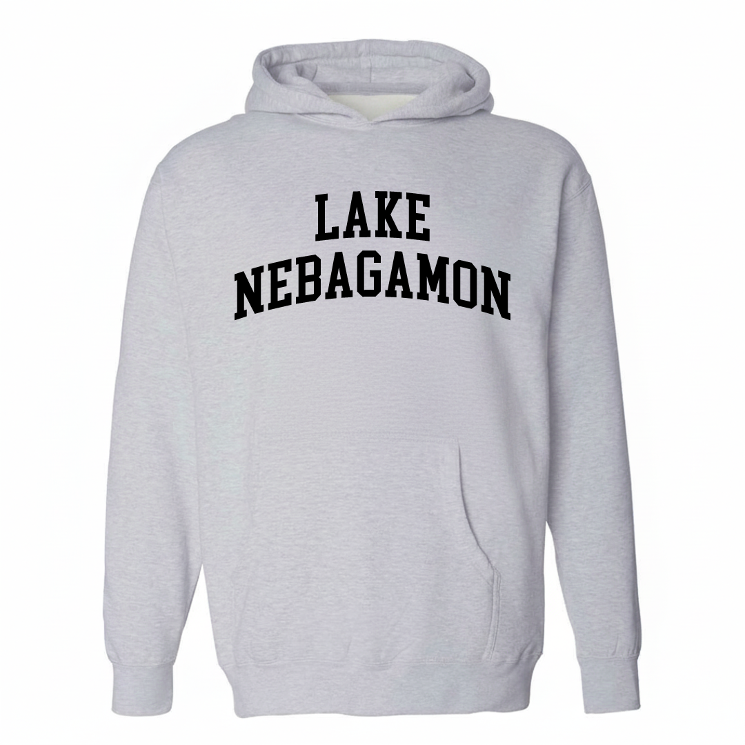 Heather-gray hoodie with the Lake Nebagamon varsity arched lettering design on the chest.
