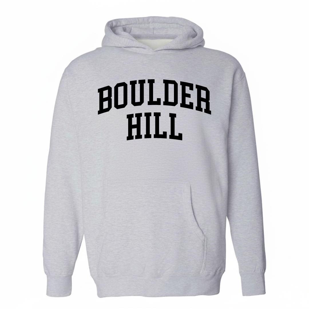 Heather-gray hoodie with the Boulder Hill arched lettering varsity-collegiate design on the chest.