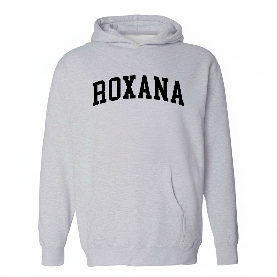 Heather-gray hoodie with the Roxana varsity arched lettering design on the chest.