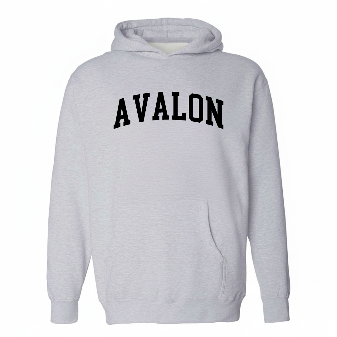 Heather-gray hoodie with the Avalon Pittsburgh varsity arched lettering design on the chest.