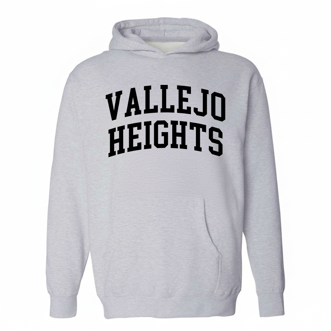 Heather-gray hoodie with the Vallejo Heights varsity arched lettering design on the chest.