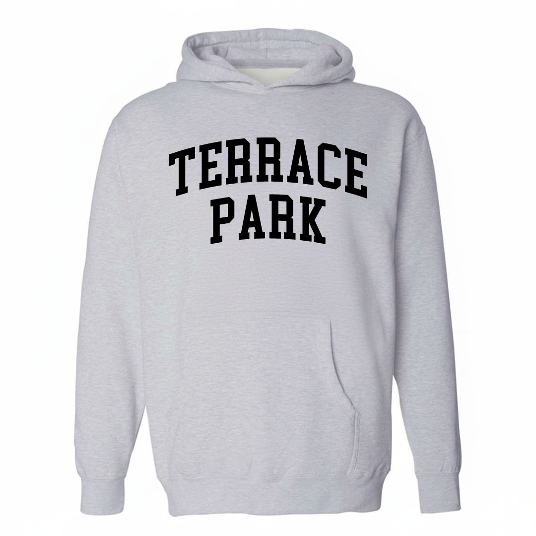 Heather-gray hoodie with the Terrace Park varsity arched lettering design on the chest.