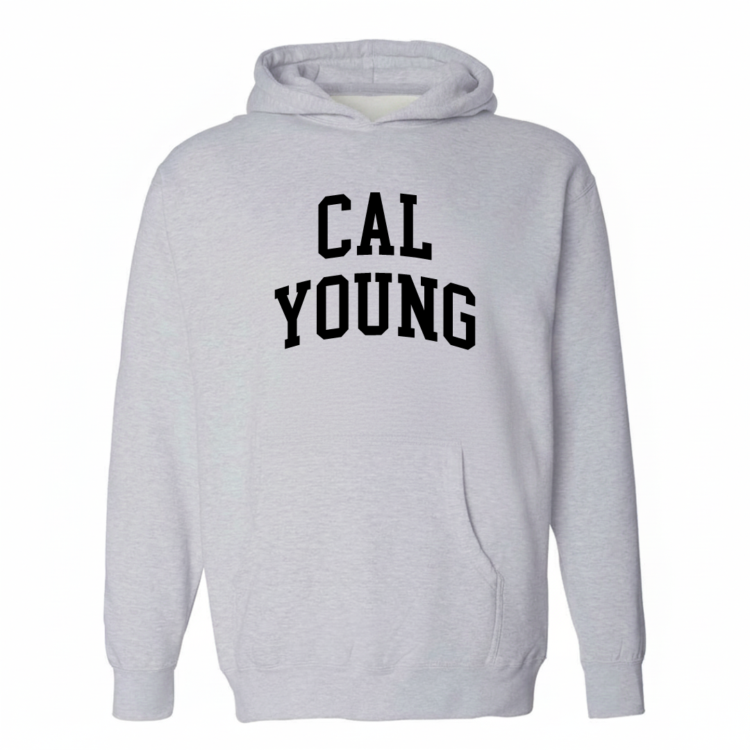 Heather-gray hoodie with the Cal Young arched lettering design on the chest.