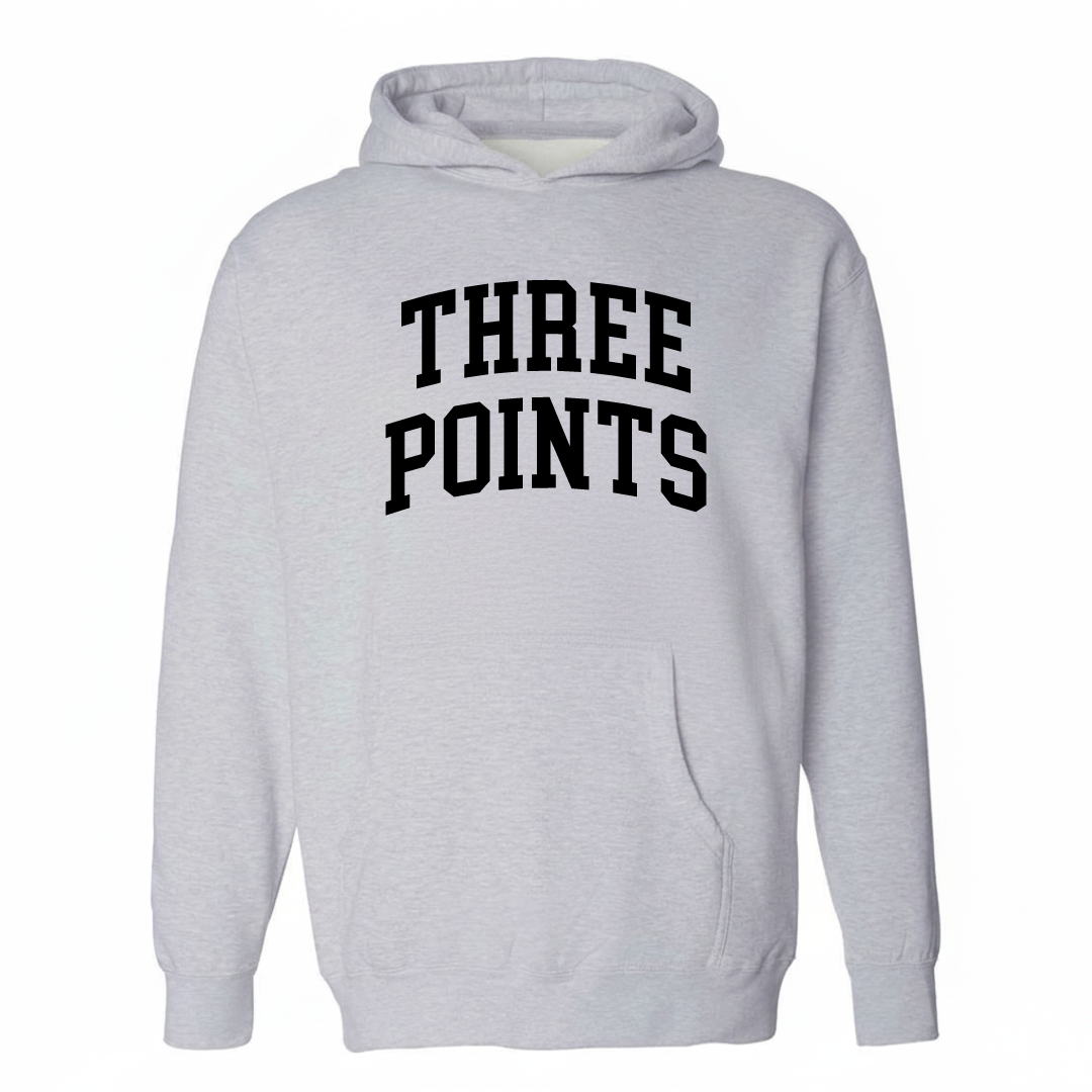 Heather-gray hoodie with the Three Points arched lettering design on the chest.