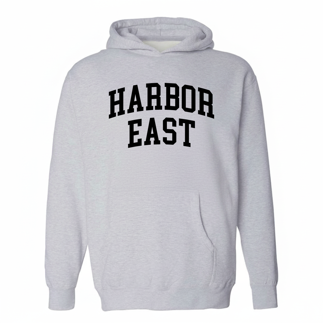 Heather-gray hoodie with the Harbor East varsity arched lettering design on the chest.