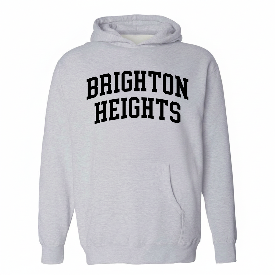 Heather-gray hoodie with the Brighton Heights varsity arched lettering design on the chest.