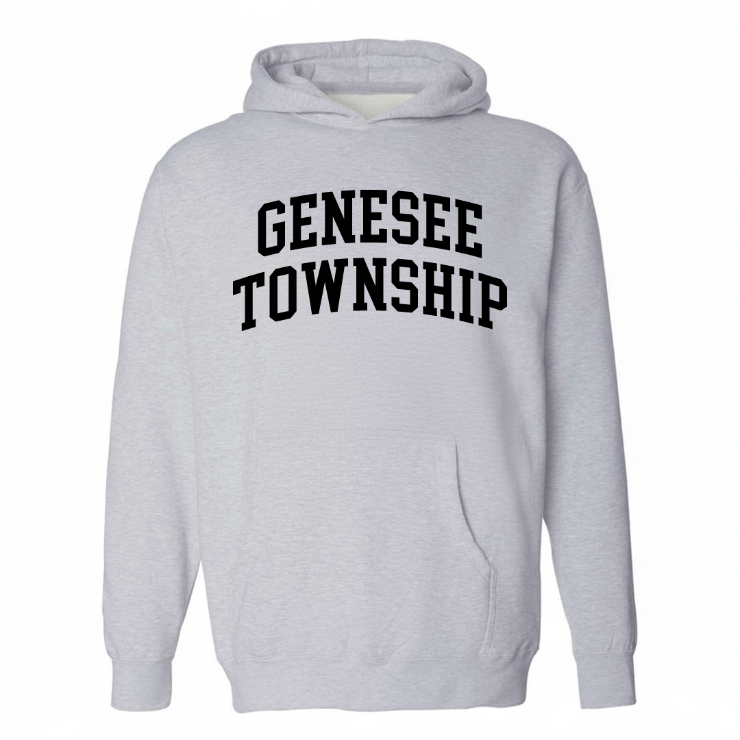 Heather-gray hoodie with the Genesee Township varsity arched lettering design on the chest.