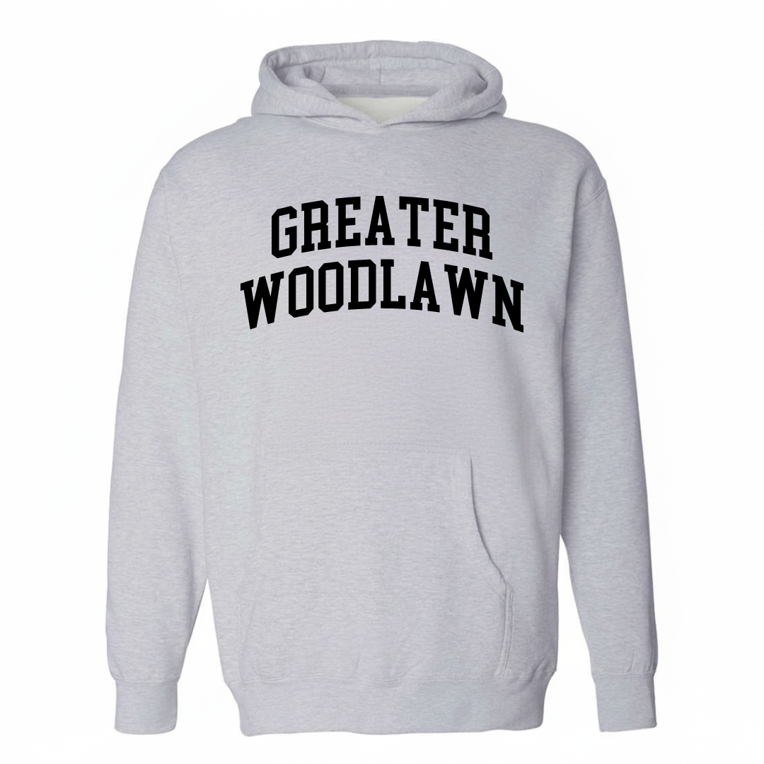 Heather-gray hoodie with the Greater Woodlawn varsity arched lettering design on the chest.