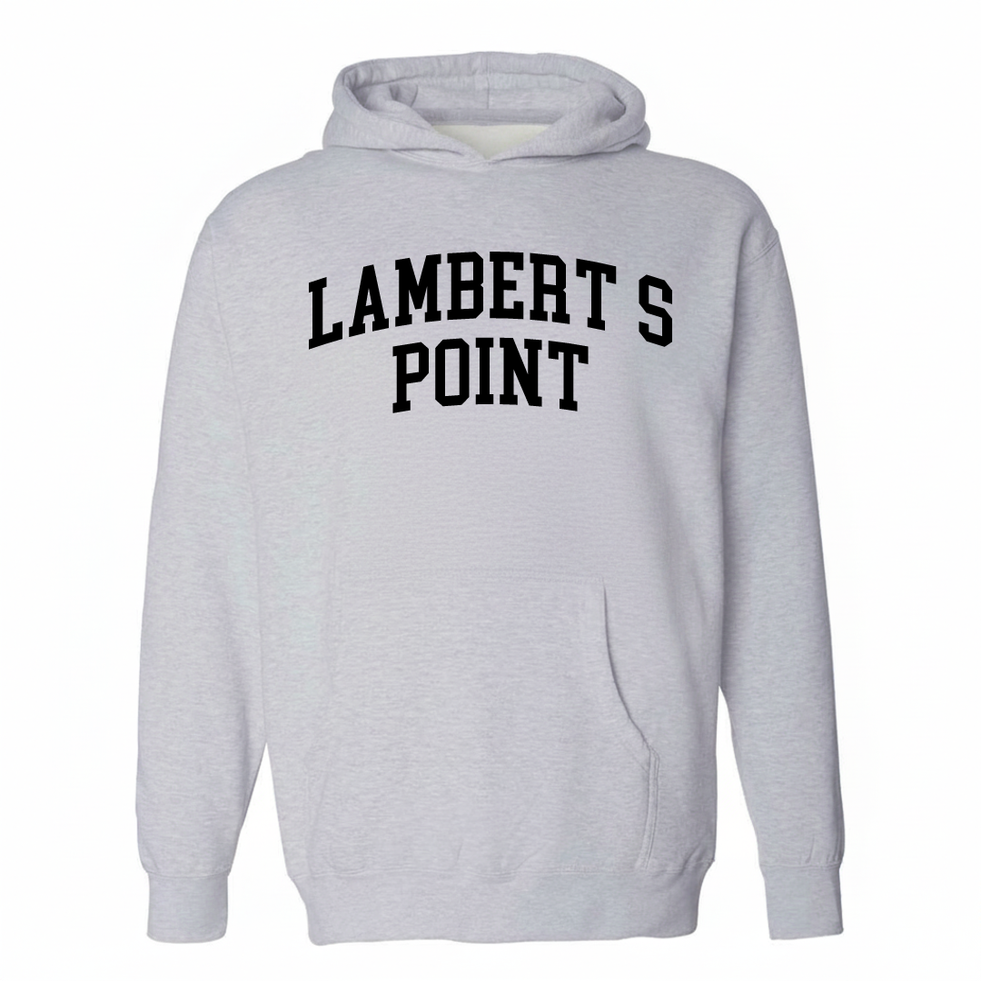 Heather-gray hoodie with the Lambert's Point varsity arched lettering design on the chest.