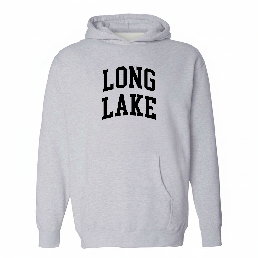 Heather-gray hoodie with the Long Lake arched lettering varsity-collegiate design on the chest.