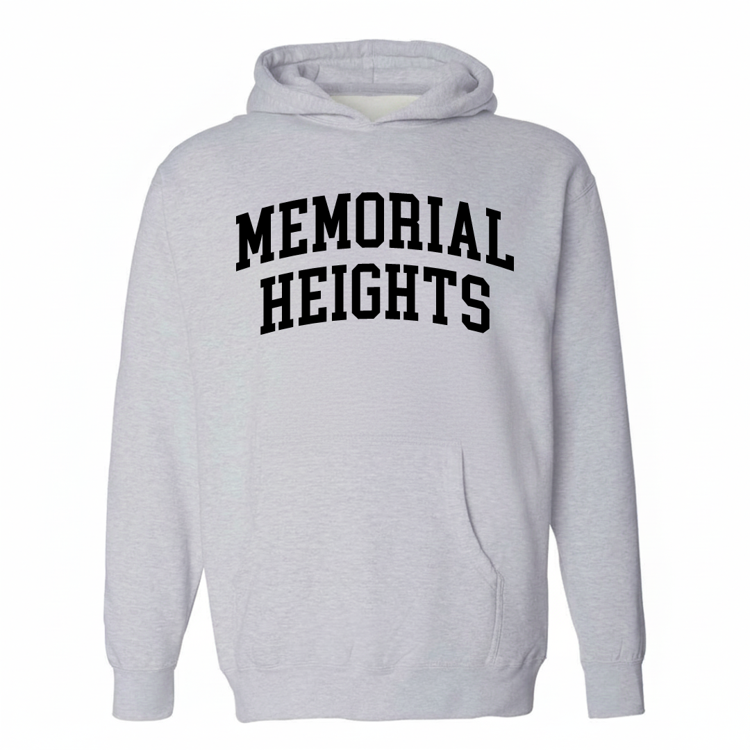 Heather-gray hoodie with the Memorial Heights varsity arched lettering design on the chest.