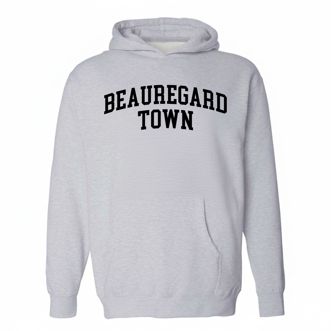 Heather-gray hoodie with the Beauregard Town varsity arched lettering design on the chest.