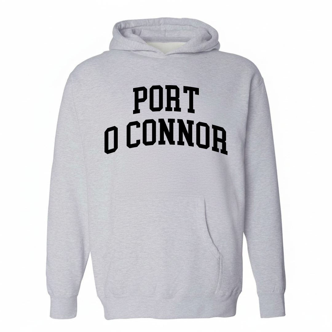Heather-gray hoodie with the Port O'Connor varsity arched lettering design on the chest.