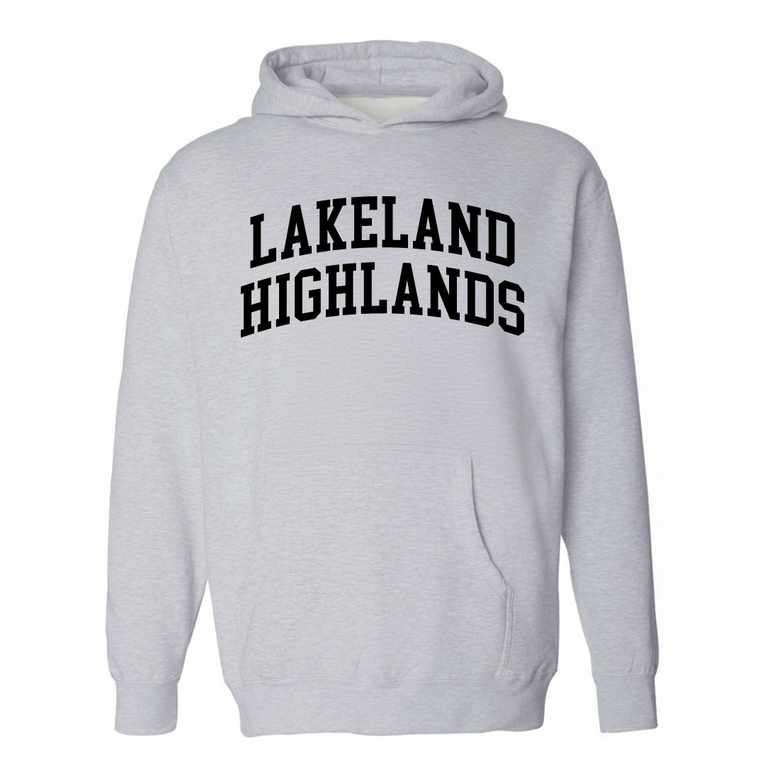Heather-gray hoodie with the Lakeland Highlands varsity arched lettering design on the chest.